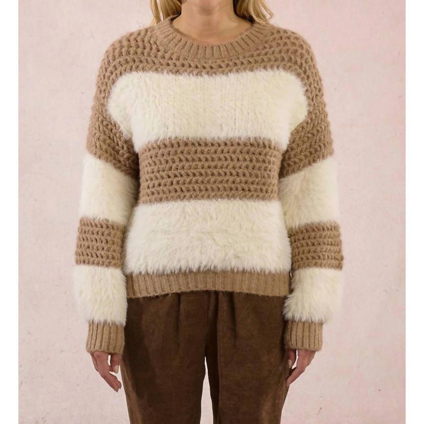 New Molly Bracken Cozy Popcorn Knit Pullover In Camel & Cream